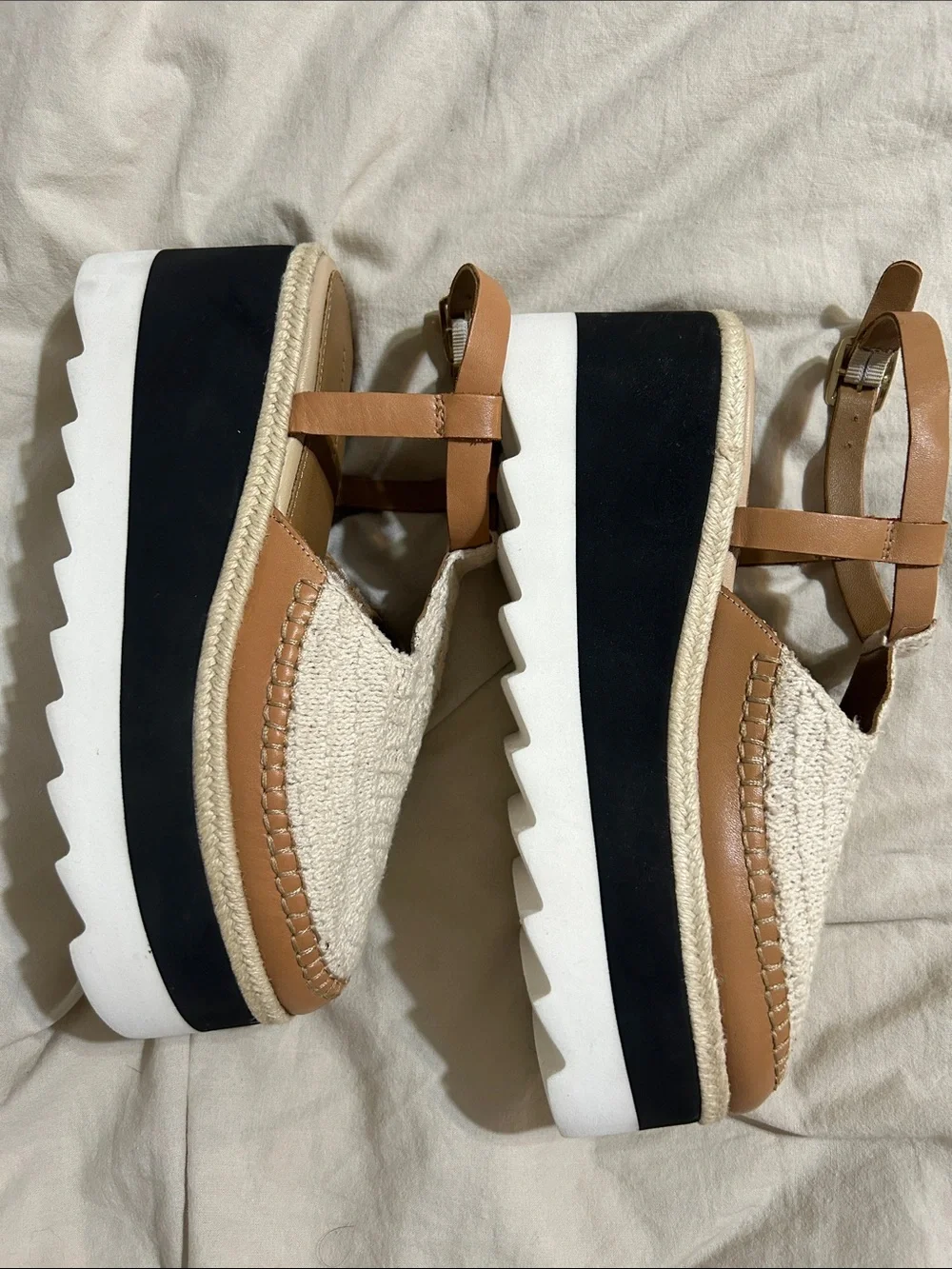 Free People Cream Crochet Platform Espadrille Sandals with Tan Straps